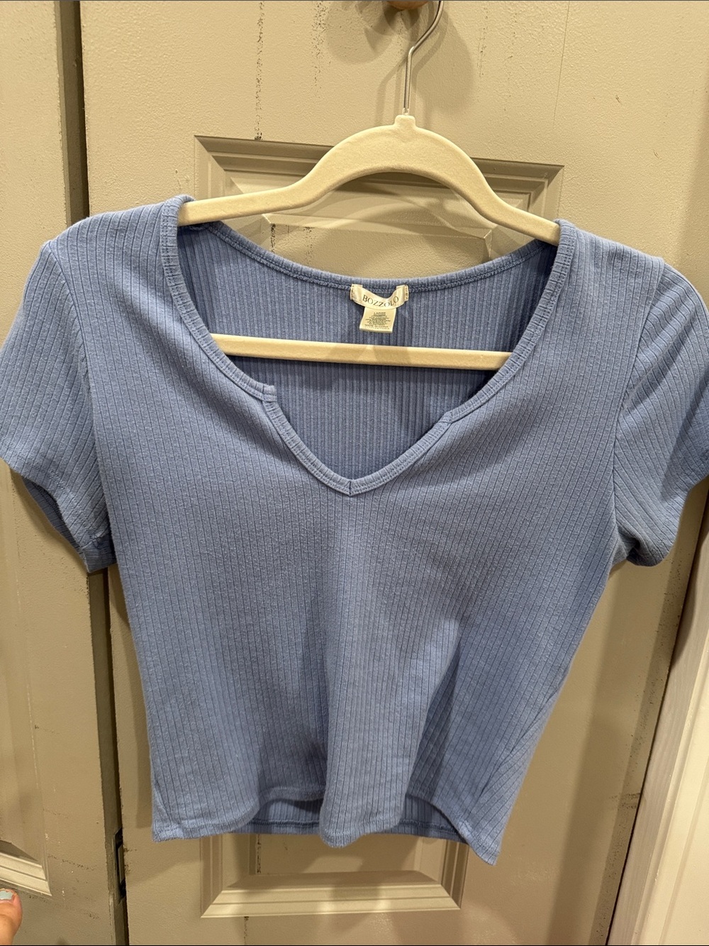 Light Blue Ribbed V-Neck Women's Top